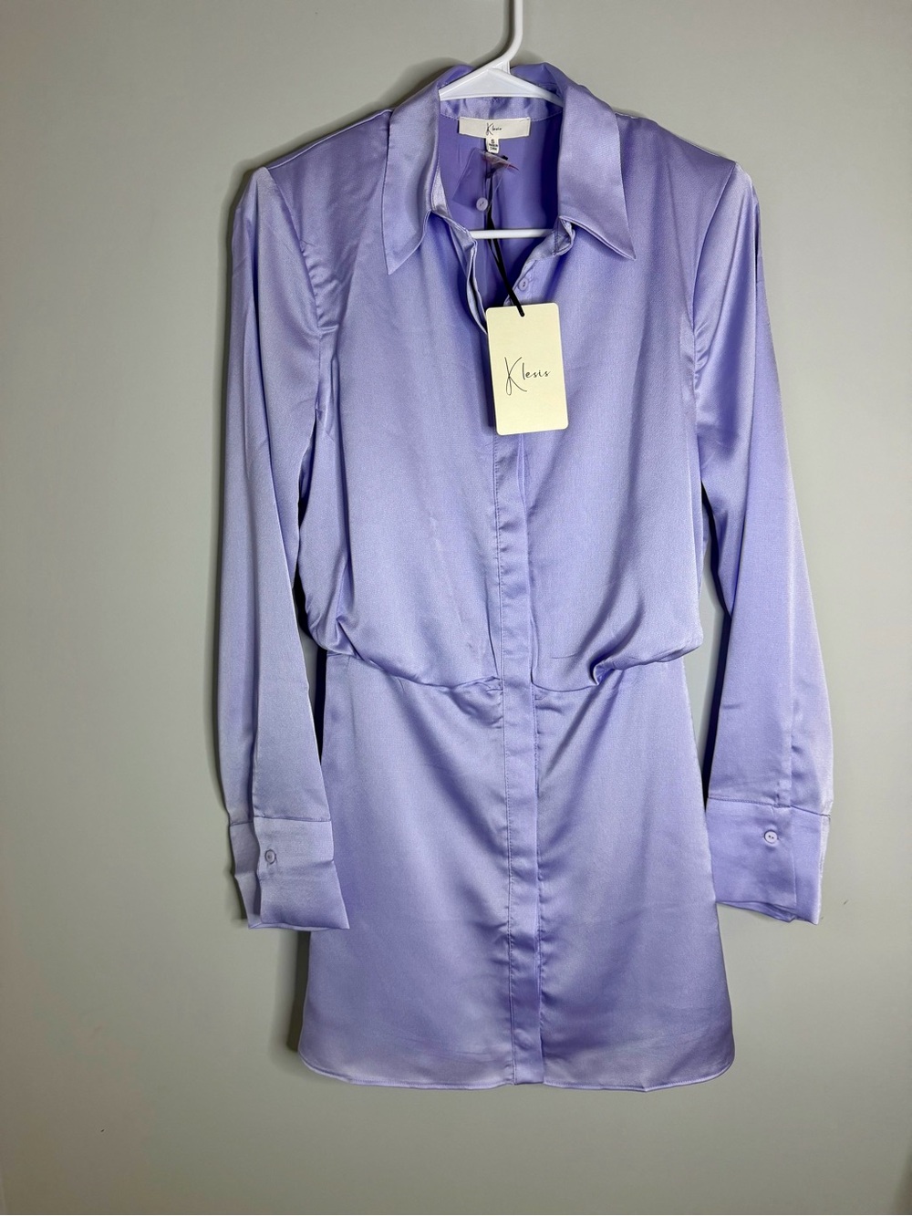 Lilac Satin Long-Sleeve Shirt Dress